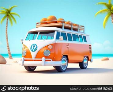 cute 3d cartoon illustration travelers in a van car concept of beach vacation Ai generated