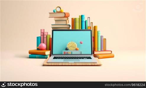 cute 3d cartoon laptop next to books Ai generated