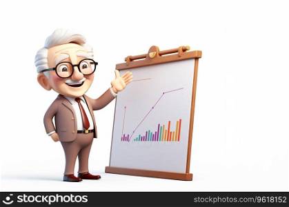 Cute 3d old businessman pointing chart stock market trading investment Ai generated