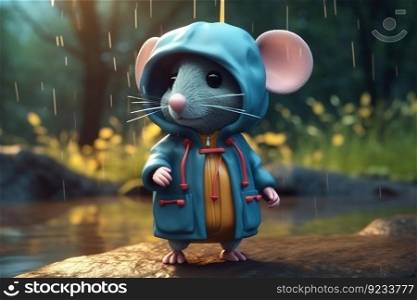 cute adorab≤explorer mouse character standing in nature on rain inχld cartoon animation sty≤fantasy 3D sty≤illustration