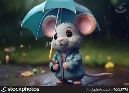 cute adorable explorer mouse character standing in nature on rain in child cartoon animation style fantasy 3D style illustration