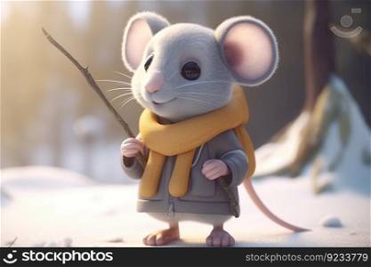 cute adorable explorer mouse character standing in nature on snow in winter coat in child cartoon animation style fantasy 3D style illustration