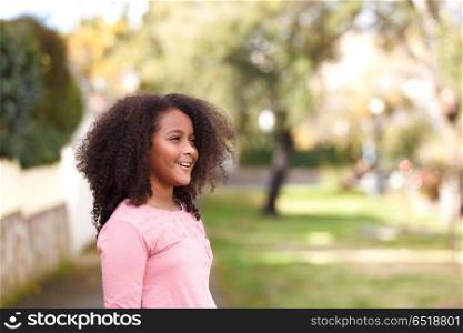 Cute African American girl in the street with afro hair. Cute African American girl smiling in the street with afro hair