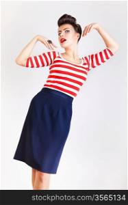 cute american woman in striped t-shirt