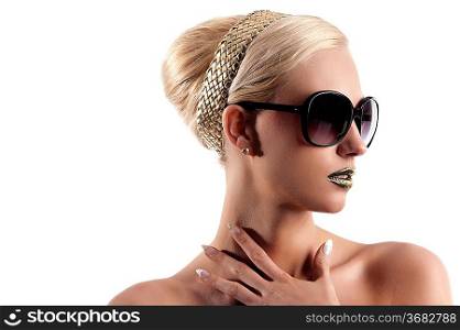 cute and attractive blond girl with sunglasse and hair style looking on one side