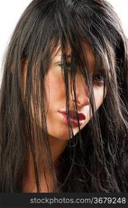 cute and attractive with long black wet hair on her face