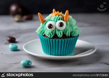 Cute and funny cupcake for kids. Happy Birthday, Halloween dessert. Children&rsquo;s party. Monster muffin. Generative AI. Cute and funny cupcake for kids. Happy Birthday, Halloween dessert. Children&rsquo;s party. Monster muffin. Generative AI.