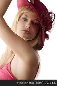 cute and sensual blond girl with vintage red hat and stunning eyes
