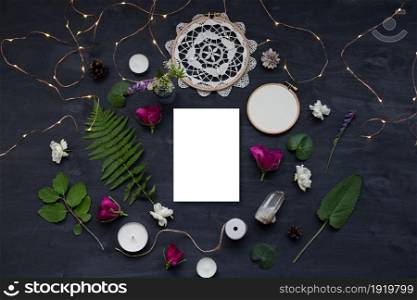 Cute and stylish branding mockup with wild flowers. Flat lay top view photo of a feminine layout.. Cute and stylish branding mockup with wild flowers.