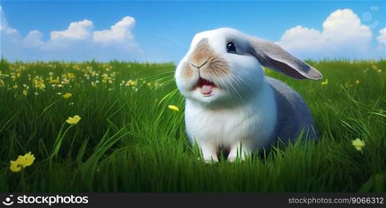 cute animal pet rabbit or adorable bunny on the grass for easter banner