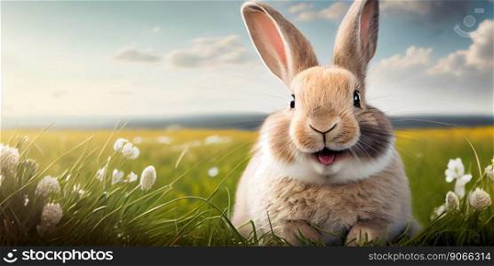 cute animal pet rabbit or adorable bunny on the lawn for easter background