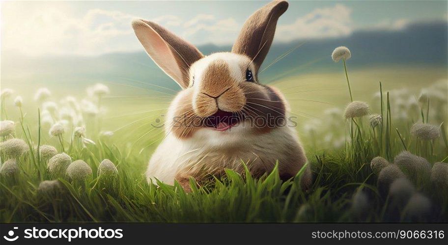 cute animal pet rabbit or adorable bunny on the meadow for easter background