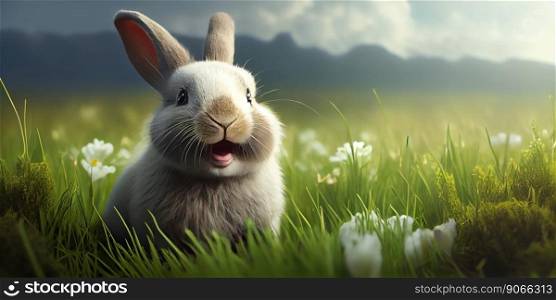 cute animal pet rabbit or adorable bunny on the meadow for easter banner