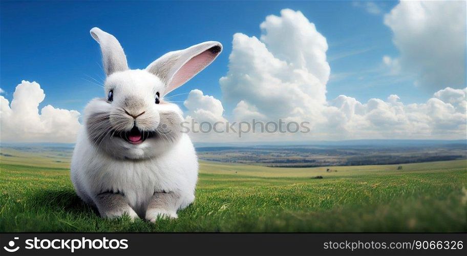 cute animal pet rabbit or adorable bunny on the meadow for easter banner
