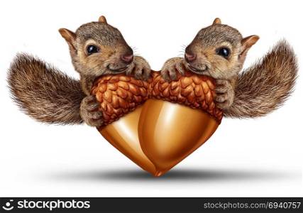 Cute animals in love as two adorable squirrels together with acorns shaped as a heart as a valentine or loving relationship symbol in a 3D illustration style.