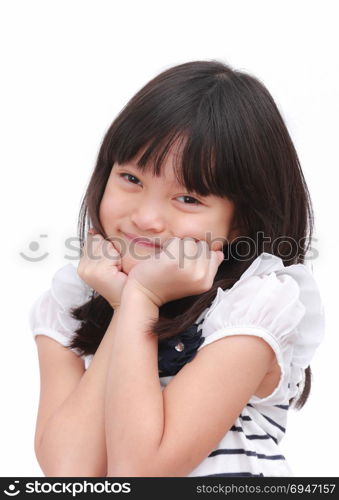 Cute asian kid girl express happy face and raise her hand on her cheek. Put on a black white T-shirt with little flower. Portrait image on isolate white background.