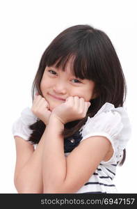 Cute asian kid girl express happy face and raise her hand on her cheek. Put on a black white T-shirt with little flower. Portrait image on isolate white background.