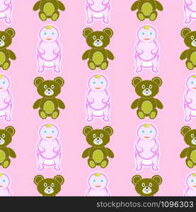 Cute Baby and Bear Seamless Pattern Isolated on Pink Background. Happy Child Kid and Toy Texture.. Cute Baby and Bear Seamless Pattern Isolated on Pink Background. Happy Child Kid and Toy Texture