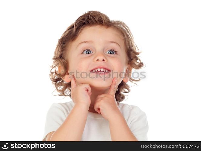 Cute baby boy indicating his smile isolated on a white background