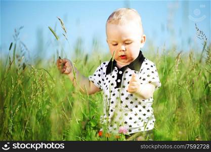 Cute baby boy walking in grass rural meadow. Baby boy in grass