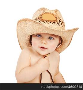 Cute baby boy wearing big cowboy hat isolated on white background, adorable child having fun indoors, happy childhood&#xA;
