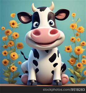 Cute baby cow sitting, cartoon illustration. Farming.