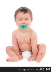 Cute baby crying with pacifier isolated on a white background