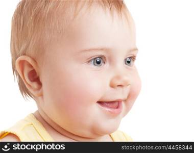 Cute baby face, closeup portrait of happy smiling toddler isolated on white background, healthy lifestyle and carefree childhood&#xA;
