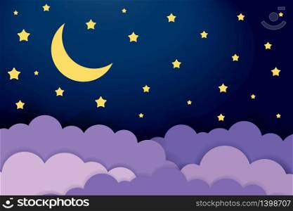 Cute baby illustration of night sky. Half moon, stars and clouds on the dark background. Night scene vector.. Cute baby illustration of night sky. Half moon, stars and clouds on the dark background. Night scene vector