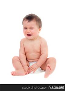 Cute baby in diaper crying isolated on a white background