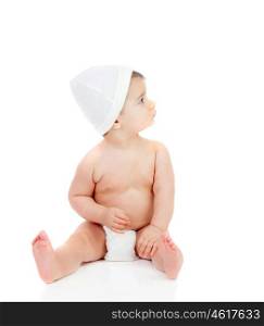 Cute baby in diaper with cap isolated on a white background