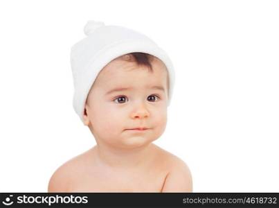 Cute baby in diaper with cap isolated on a white background