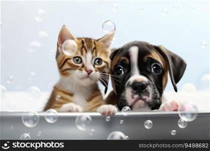 Cute Baby Kitten and Boxer Puppy taking a bubble bath, Generative AI
