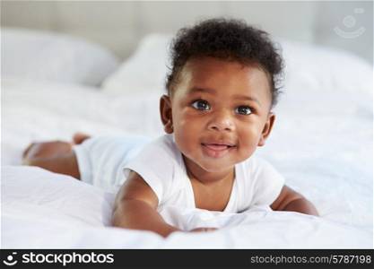 Cute Baby Lying On Tummy In Parent&#39;s Bed
