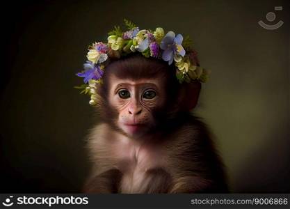  Cute baby monkey portrait on black background.  Generative AI 