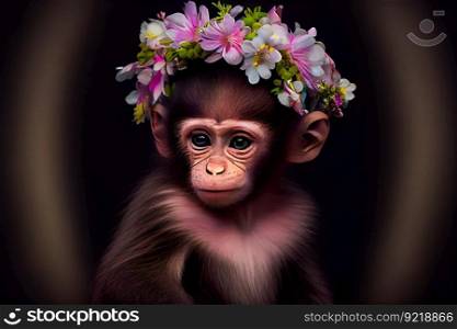  Cute baby monkey portrait on black background.  Generative AI
