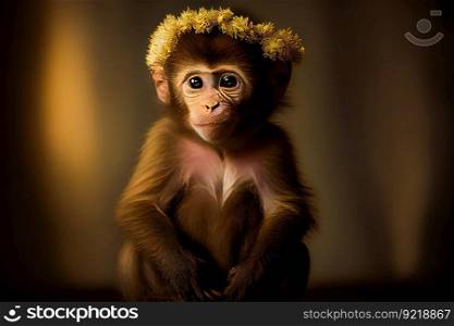  Cute baby monkey portrait on black background.  Generative AI
