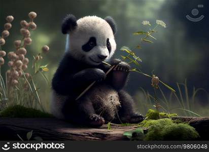 cute baby Panda eats bamboo. Illustration AI