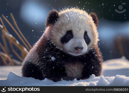 Cute Baby Panda in snow winter. Illustration AI Generative 