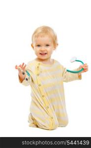 Cute baby playing stethoscope isolated on white
