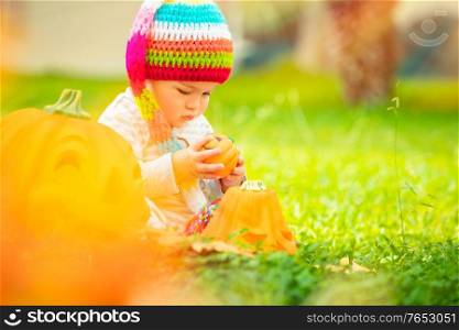 Cute baby playing with decorative Halloween pumpkins on fresh green grass in backyard, enjoying traditional American holiday on sunny autumn day