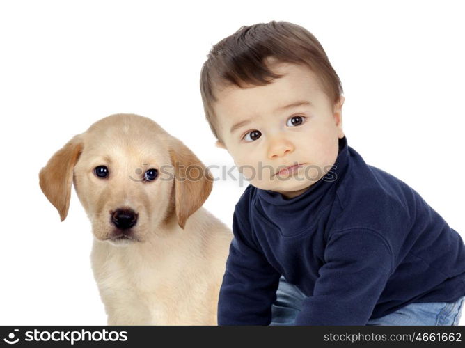 Cute baby smiling with his little puppy isolated on a white background