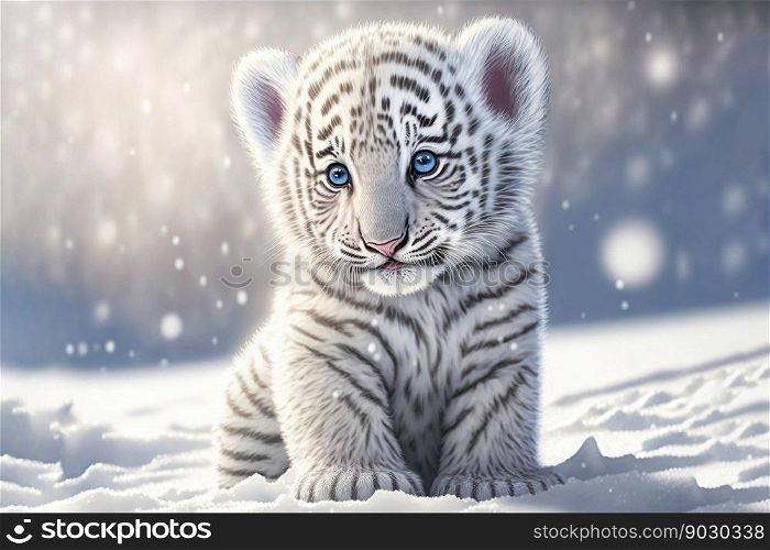 Cute Baby white tiger running on snow , generative ai