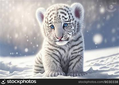 Cute Baby white tiger running on snow , generative ai