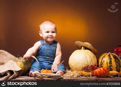 Cute baby with ears of wheat in the hands posing on the background of pumpkins.. Postcard to the day of Thanksgiving