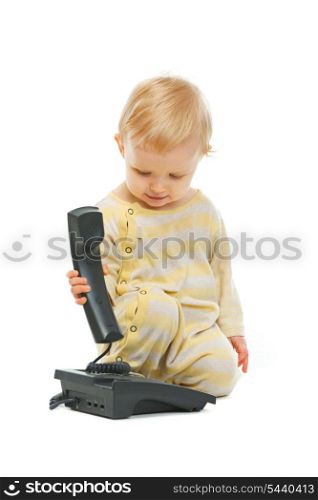 Cute baby with phone on white background