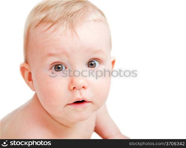 Cute baby with surprised face expression. Portrait on white background