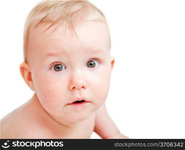 Cute baby with surprised face expression. Portrait on white background