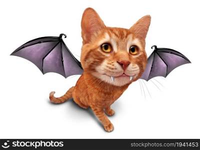 Cute bat cat with vampire wings and fangs as a Halloween feline dressed as a funny zombie kitten character in a 3D illustration style on a white background.