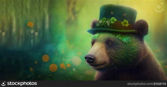 Cute bear wearing a green hat celebrating st patrick’s day. Generative AI